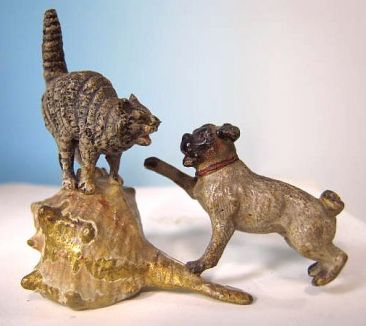 Rare Antique Cold Painted Vienna Bronze of a Pug and a Cat on a Conch Shell